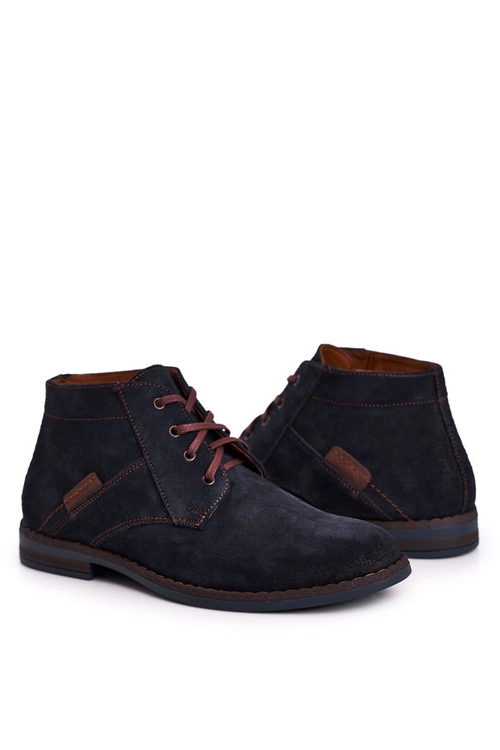 Męskie Skórzane Botki Trzewiki BEDNAREK Granatowe