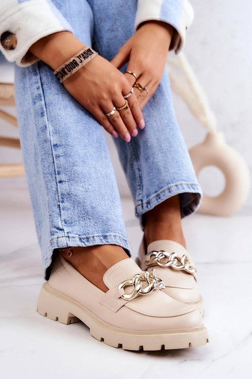 Skórzane Półbuty Loafery Łańcuch Beżowe Amicable