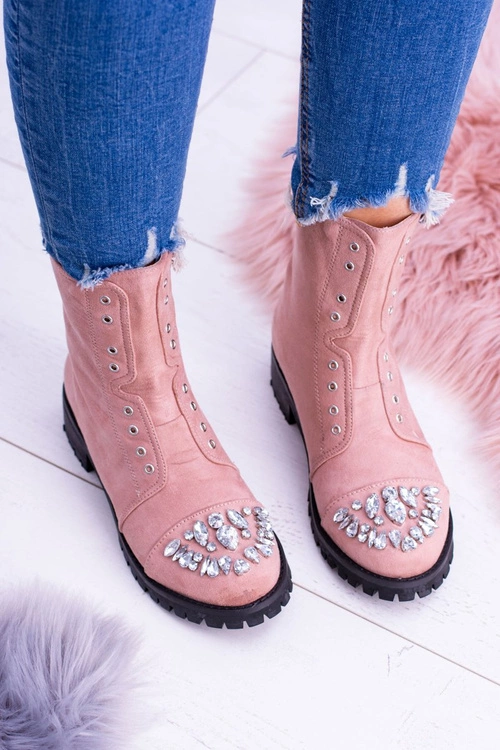 Lu Boo Damskie Botki Za Kostkę z Cyrkoniami Pudrowy Róż Carrie