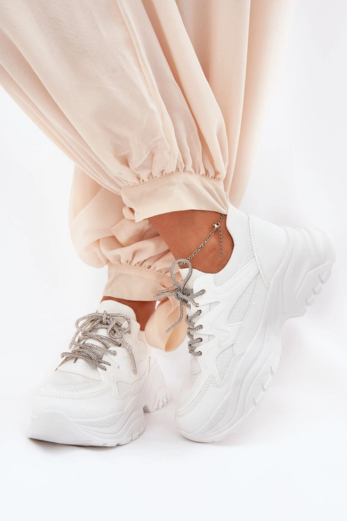Sneakersy Damskie Na Platformie Ozdobnym Sznurowaniem Białe Evalianne