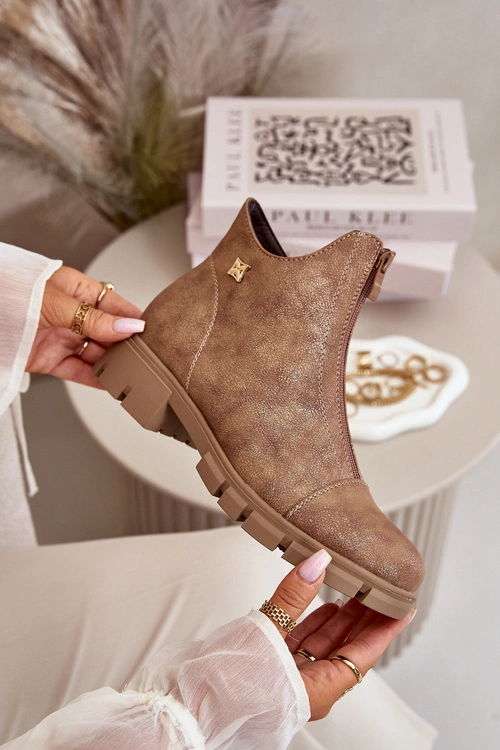 Ocieplane Botki Damskie Z Przetarciami Eko Skórzane Brązowo-Złote Verietta