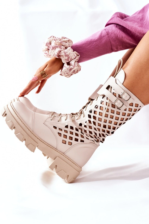 Damskie Skórzane Ażurowe Botki Trapery Beżowe Hootie