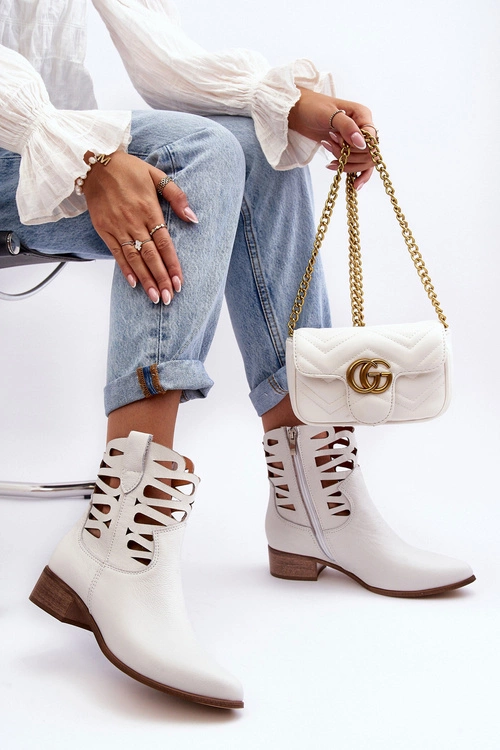 Ażurowe Damskie Skórzane Botki Białe Lewski 3329