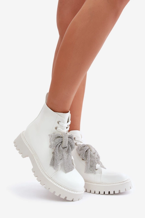 Botki Damskie Z Kokardą Białe Ocenttia