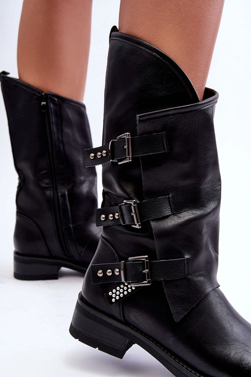 Skórzane Kozaki Damskie Na Płaskim Obcasie Czarne Nyreo