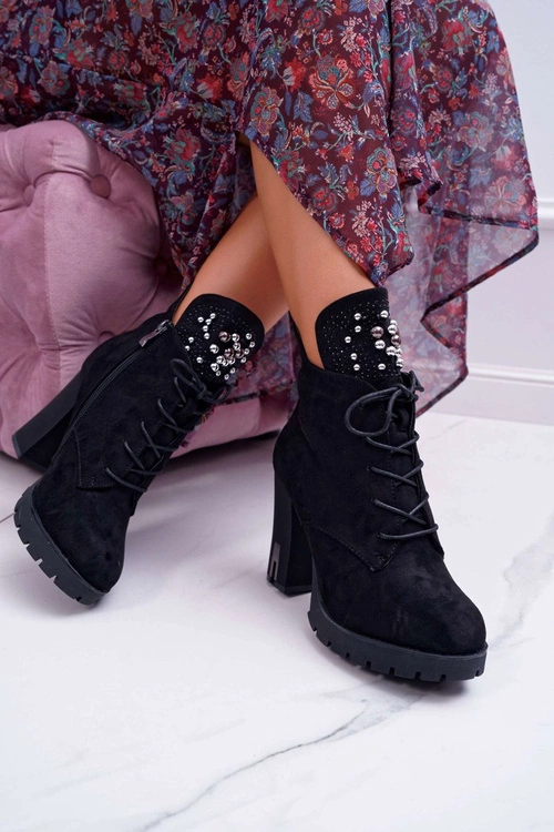Botki Damskie na Słupku Platformie Zamszowe Czarne Fieste