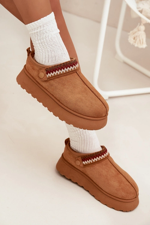 Śniegowce Damskie Niskie Z Ruchomym Paskiem I Haftem Na Platformie Camel Lyrisse