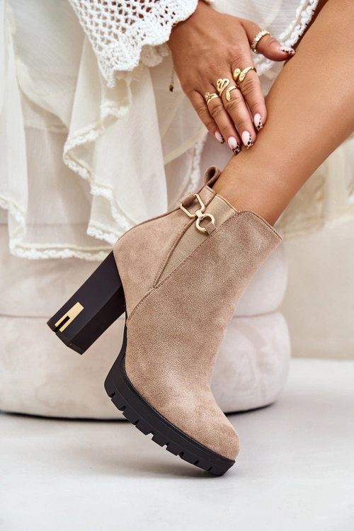 Ocieplane Botki Damskie Na Wysokim Obcasie Słupku Beżowe Terisanna