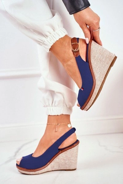 Sandały Na Plecionej Koturnie Granatowe Tommy