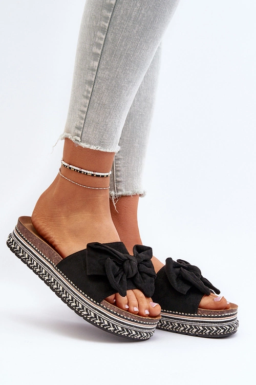 Klapki Damskie Na Platformie Z Kokardą Czarne Evatria