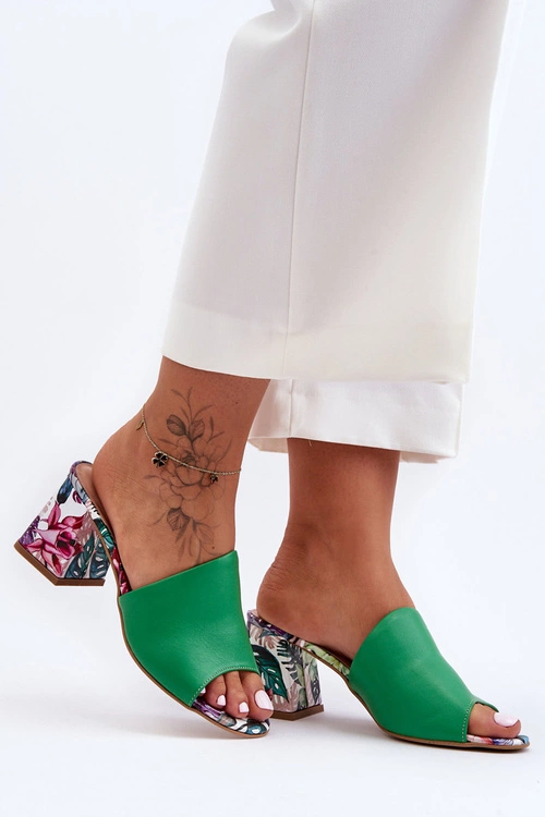 Damskie Skórzane Klapki Na Obcasie Lewski Shoes 3209/K Zielone