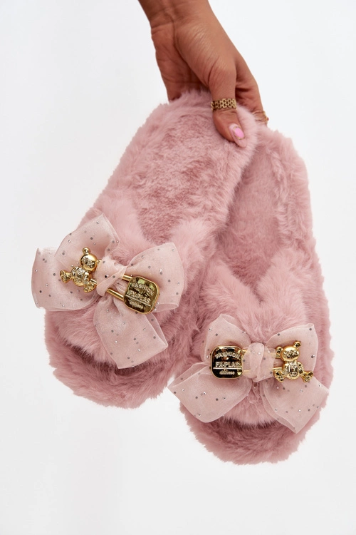 Futrzane Kapcie Damskie Z Kokardą I Złotą Ozdobą Różowe Nolara