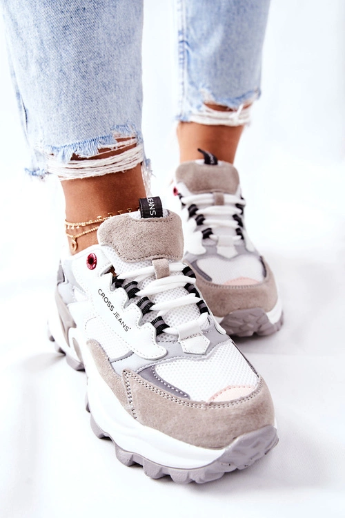 Sportowe Damskie Buty Cross Jeans Biało Szare II2R4020C