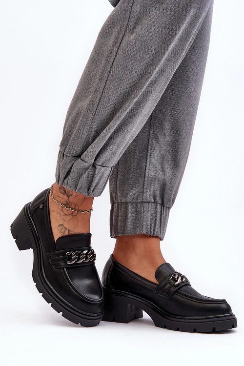 Skórzane Damskie Półbuty Na Niskim Obcasie Czarne Blimma