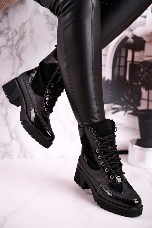 Botki Workery Ocieplane Czarne Print Zwierzęcy Helena