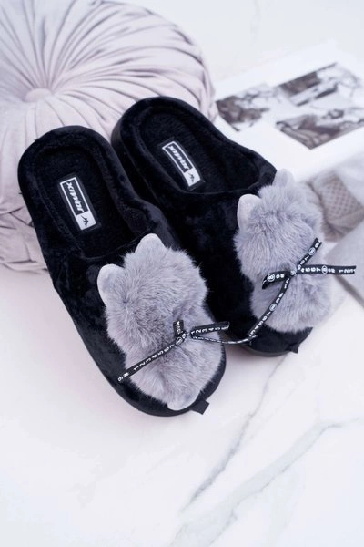 Papcie Damskie Z Futerkiem Kotek Czarne Kitty