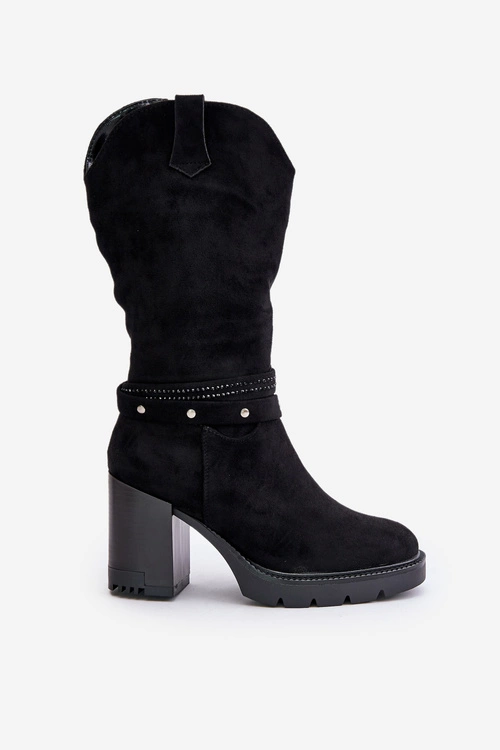 Kozaki Damskie Do Połowy Łydki Na Słupku Ocieplane Czarne Ivanelis