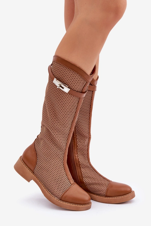 Siateczkowe Kozaki Na Płaskim Obcasie Do Połowy Łydki Brązowe Asgerda