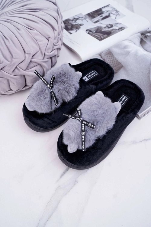 Papcie Damskie Z Futerkiem Kotek Czarne Kitty