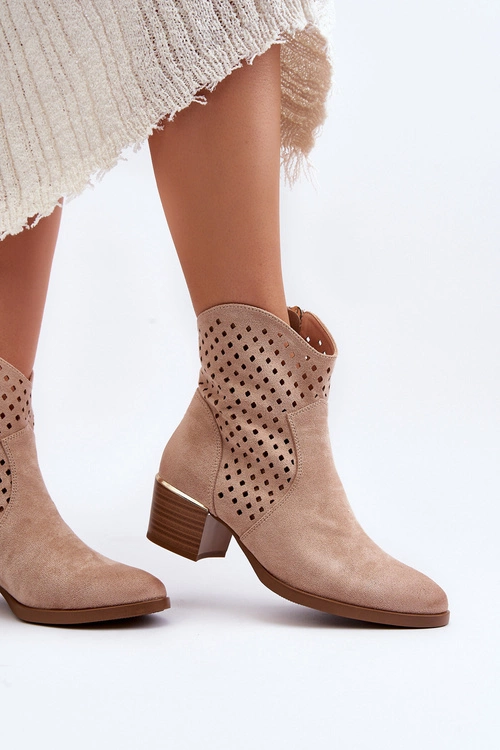 Ażurowe Botki Na Niskim Obcasie Beżowe Cilvana
