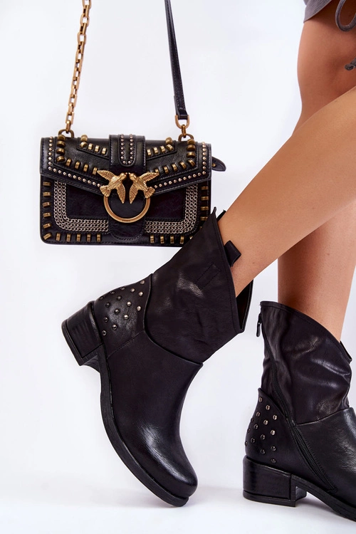 Damskie Botki Na Suwak Z Ćwiekami Czarne Lance