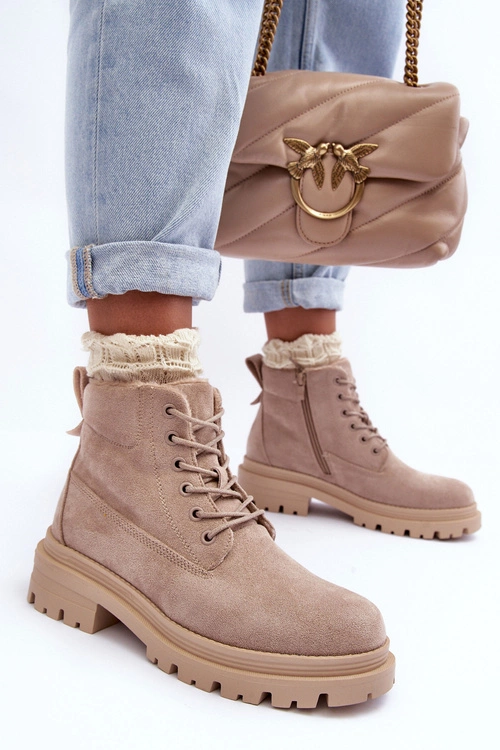 Zamszowe Trapery Botki Ocieplane Beżowe Alden