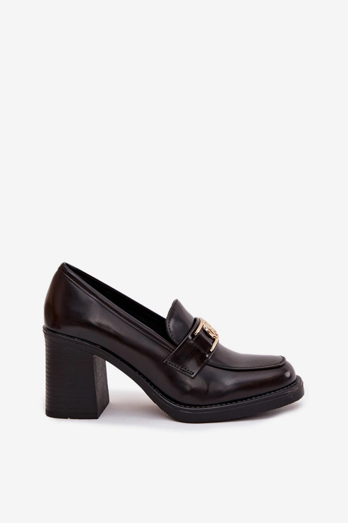 Półbuty Damskie Na Słupku Ze Złotym Detalem Czekoladowe Privelle