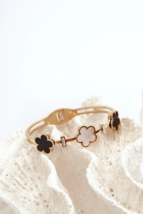 Bransoleta Damska Z Kwiatkami Stal Nierdzewna Złota