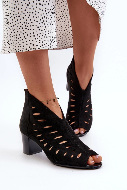 Ażurowe Botki Damskie Eko Zamszowe Na Słupku Z Odkrytymi Palcami Czarne Timalre