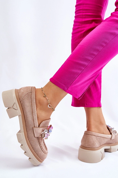 Damskie Półbuty Mokasyny Z Ozdobami Beżowe Issac