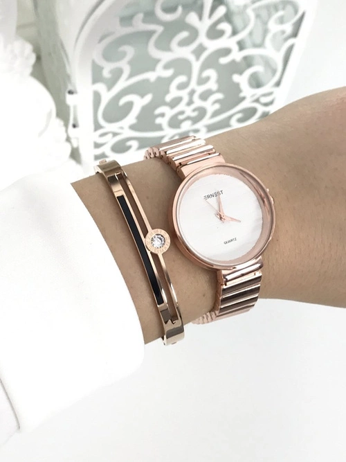 Damski Zegarek Ernest Claudie Różowe Złoto Biała Tarcza