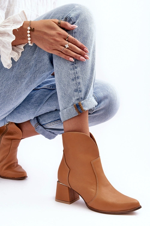 Skórzane Botki Kowbojki Damskie Na Obcasie Camel Lewski 3166/B/2