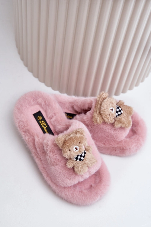 Futrzane Kapcie Damskie Z Misiem Różowe Romania