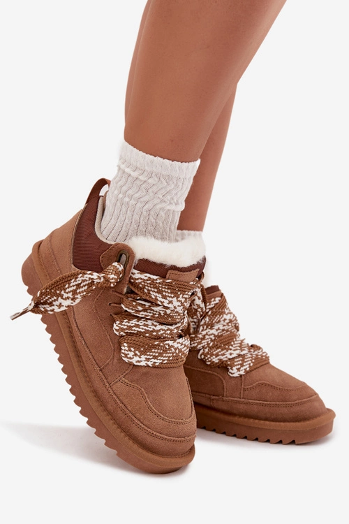 Zamszowe Śniegowce Damskie Z Futerkiem I Grubym Sznurowaniem Vinceza 97963 Camel