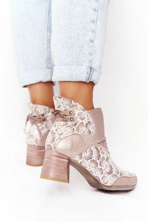 Damskie Skórzane Botki Na Słupku Maciejka Złoto Beżowe 03963-20