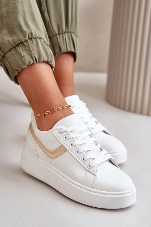 Trampki Sneakersy Damskie Na Platformie Z Eko Skóry Biało-Złote Brennessa