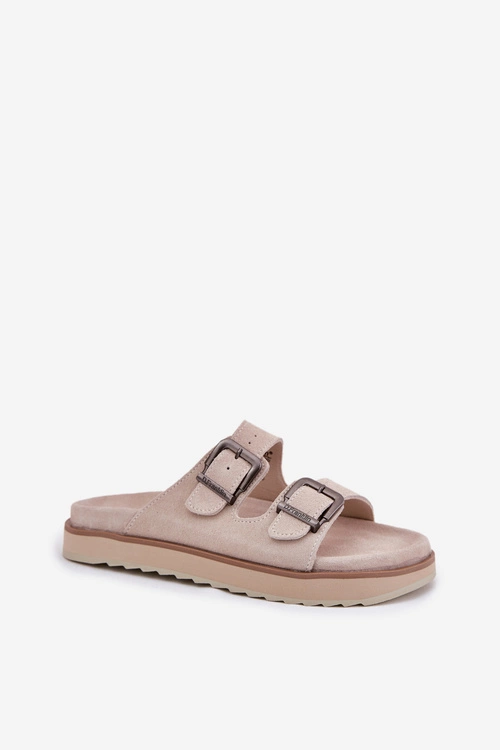 Zamszowe Klapki Damskie Z Klamrami D.Franklin DFSH405001 Beżowe