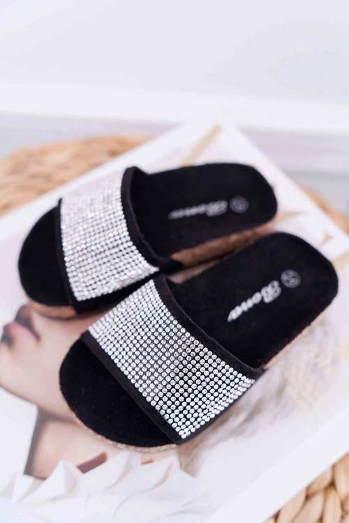 Dziecięce Czarne Klapki Na Korku Kryształki Malena