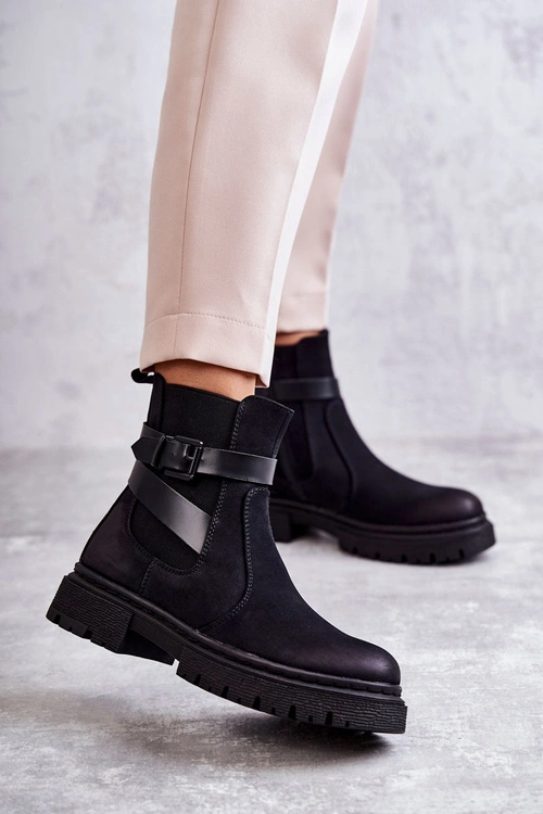 Damskie Ocieplane Botki Sztyblety Z Paskiem Czarne Jose