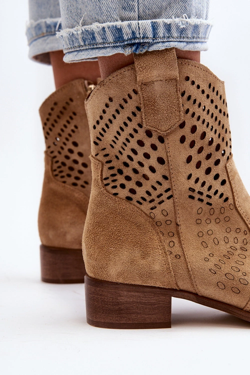 Zazoo 3305/2 Damskie Ażurowe Botki Kowbojki Na Niskim Obcasie Zamszowe Beżowe