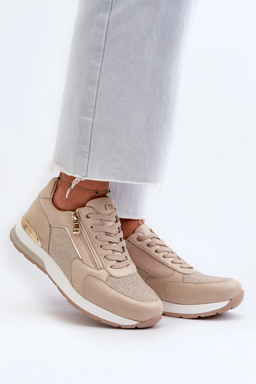 Sneakersy Damskie Z Brokatem I Suwakiem INBLU IN000365 Beżowe