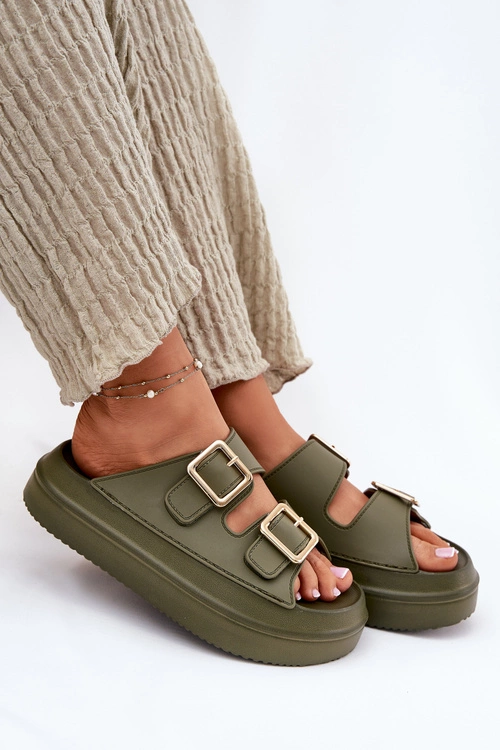 Klapki Damskie Na Platformie Ze Złotymi Klamrami Zielone Zorila