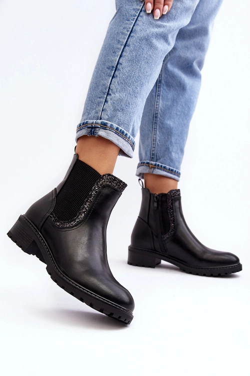 Damskie Sztyblety Z Niską Cholewką Na Płaskim Obcasie Czarne Kassona