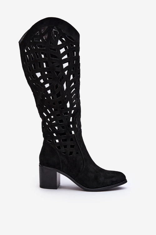Ażurowe Kozaki Na Obcasie Czarne Pinkema