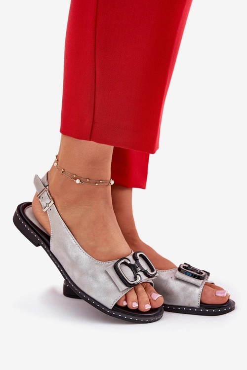 Płaskie Sandały Z Ozdobą Eko Skórzane Srebrne Lilria