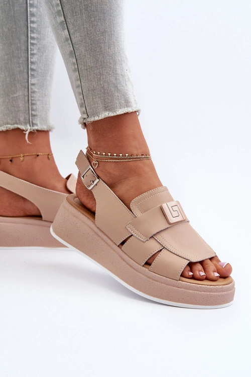 Skórzane Sandały Damskie Na Platformie I Koturnie Ciemnobeżowe Vivitellia