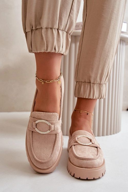 Damskie Eko Zamszowe Mokasyny Z Błyszczącym Detalem Beżowe Avellina