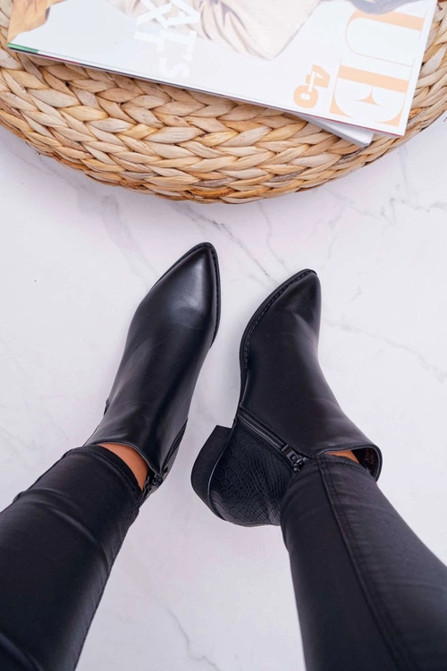 Botki Damskie Płaski Obcas W Szpic Suwak Czarne Derme