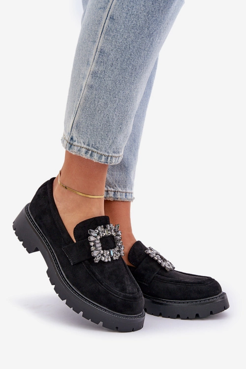 Eko Zamszowe Mokasyny Damskie Z Ozdobną Broszką Czarne Valiana