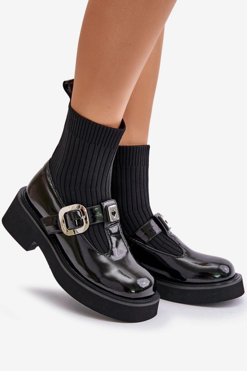 Lakierowane Botki Ze Skarpetą I Klamrą Wsuwane MR880-076 Czarne